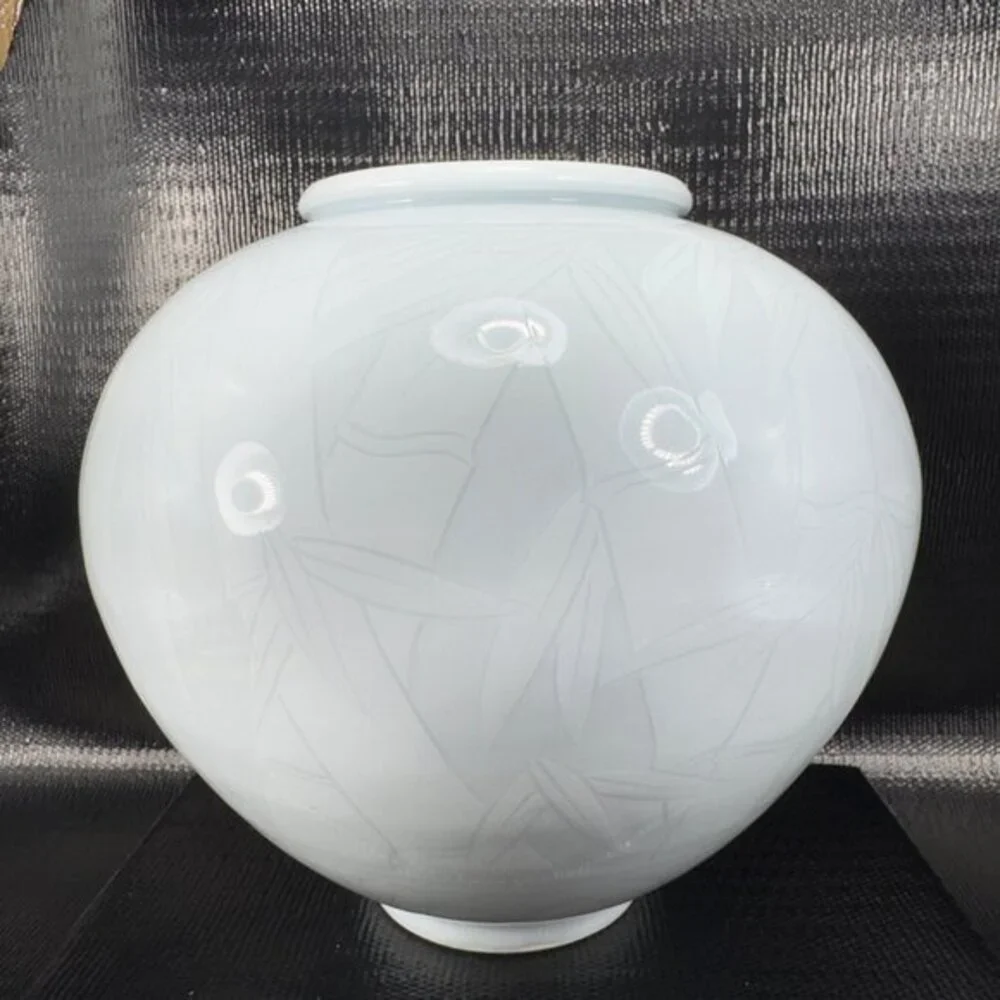 Celadon Pottery Vessel Vase With Bamboo‎ Pattern Light Green Artist Signed Vase